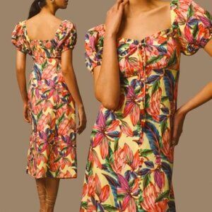 Anthropologie x Farm Rio Puff Sleeve Sweetheart Linen Midi Dress Womens M Tropic